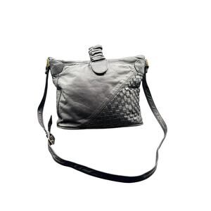 Korea Black Leather Woven Crossbody Bag Slouchy Boho Shoulder Purse